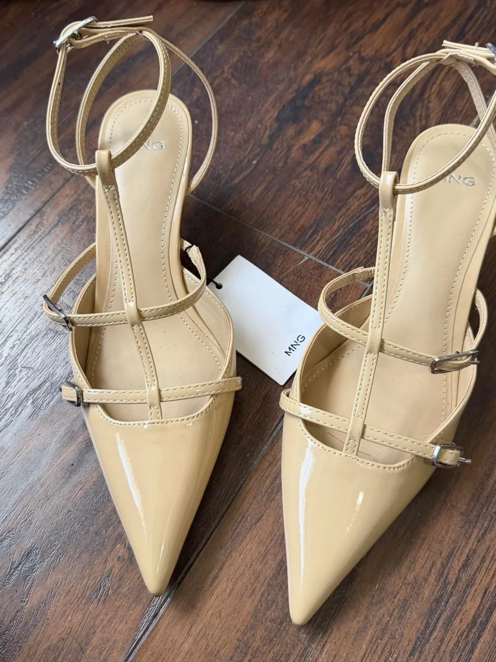 NWT Mango Nude Beige Leather Kitten Pointed Toe Ankle Strap Buckles Heels Pumps